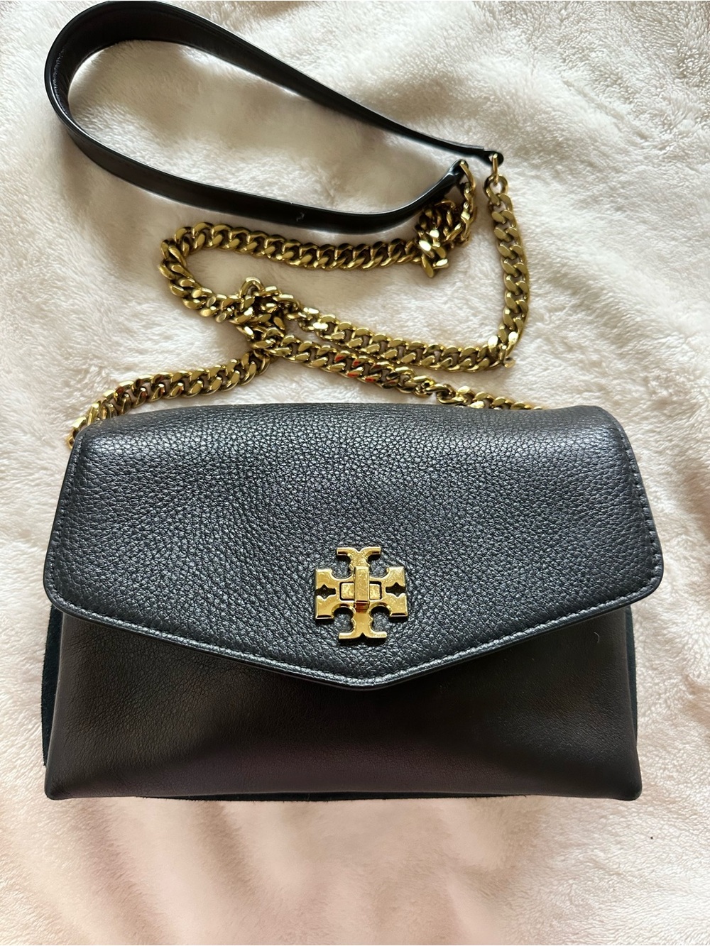 Tory Burch Black Leather Crossbody with Gold Logo and Chain
